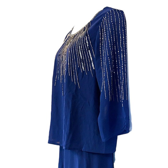 Midnight Velvet Beaded Cobalt Cocktail Formal Dinner Party Midi Skirt Set Suit - Picture 10 of 16